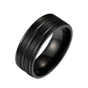 3/$35 New Men's Black Grooved Band Ring Stainless Steel Wedding Fashion Ring
